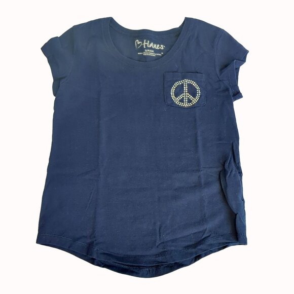 Hanes Girls Navy Blue Peace Sign Pocket T-Shirt Size Small - Picture 1 of 3